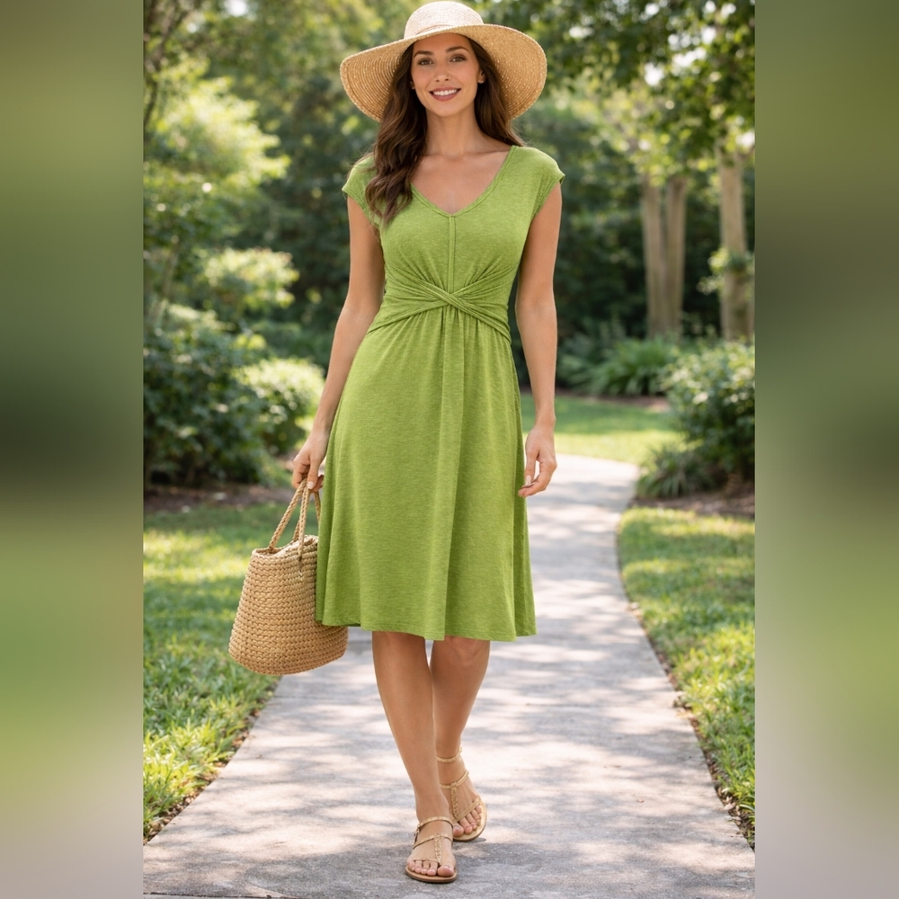 Max Studio XL Green Wrap Tie Waist Midi Dress Cap Sleeve